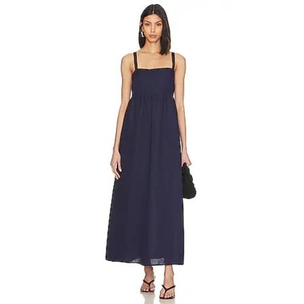 LAGENCE Jessamy Empire Waist Linen Blend Maxi Dress Navy Blue Size 4